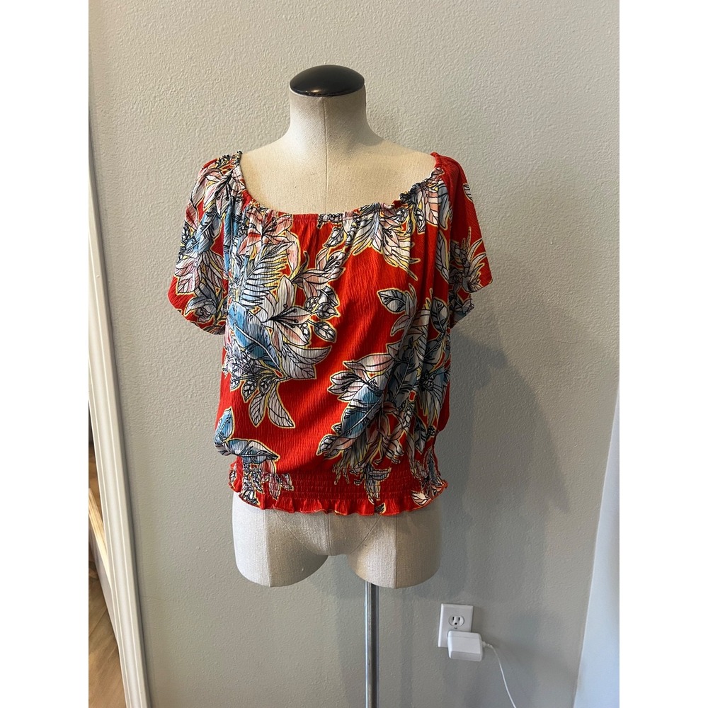 Hot Kiss Women's 1X Red Floral Off Shoulder Smocked Blouse Boho Short Sleeve Top